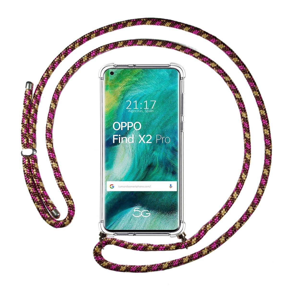 Teléfono con cordón. Oppo Find X2 Pro muestra la hora y el sitio web.
