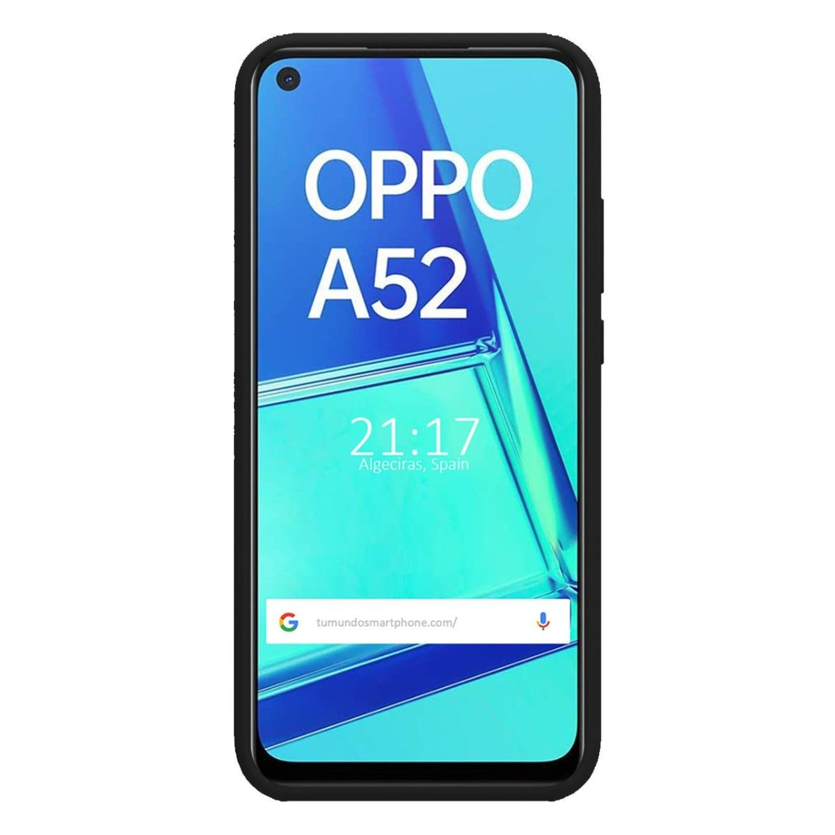 Teléfono con la pantalla mostrando la hora y el logo. La funda del teléfono es negra.
