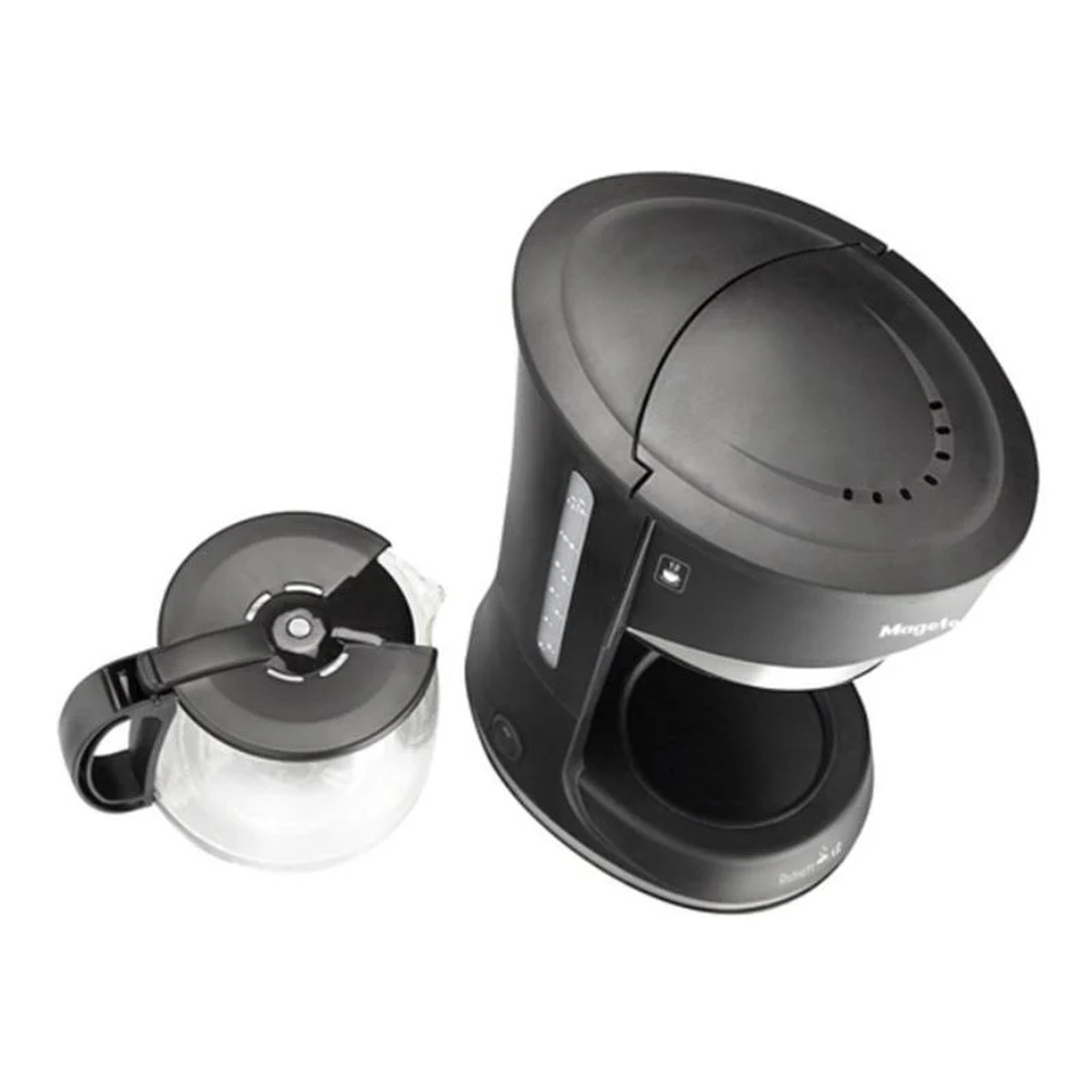 Macchina da caffè nera con una caraffa di vetro a sinistra.