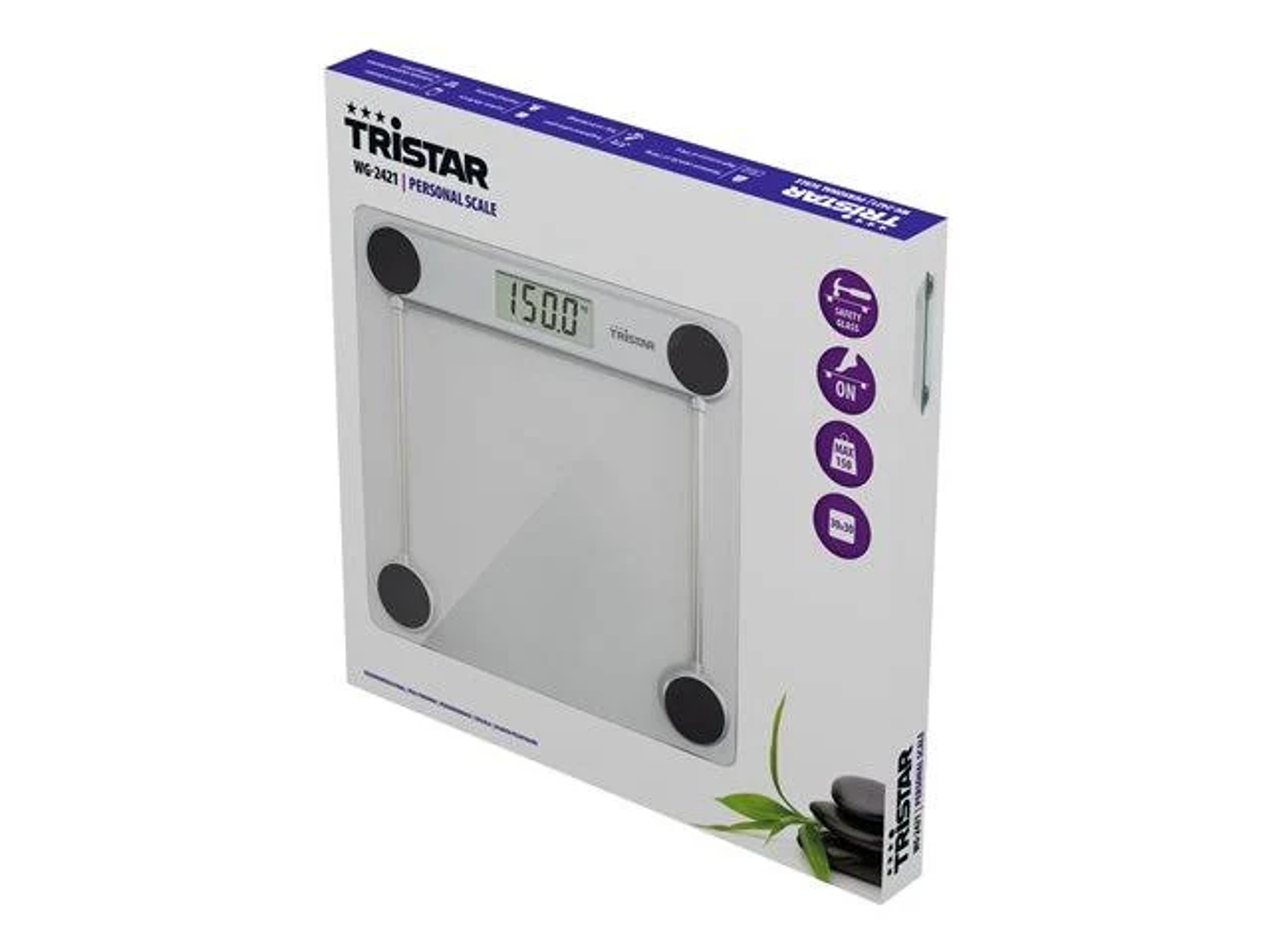 Caja blanca de báscula personal Tristar. La caja muestra una báscula con el peso en 150.0.