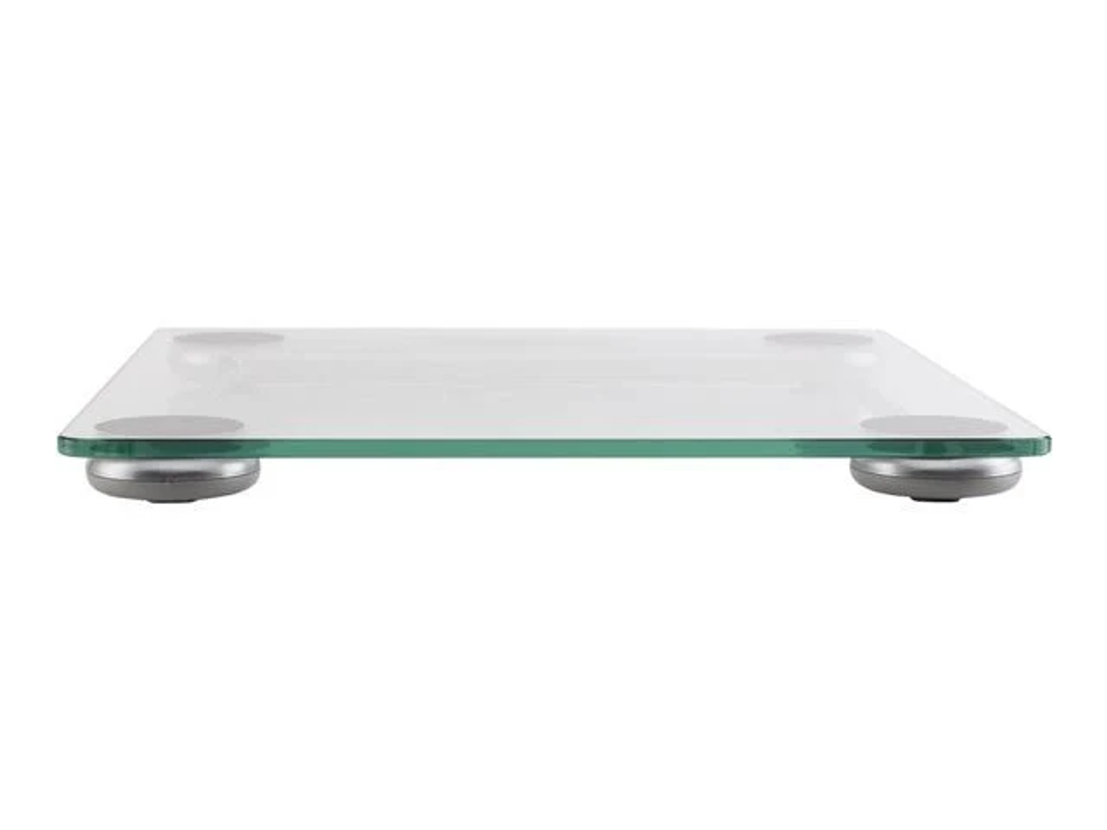 Una báscula de vidrio con cuatro soportes plateados.