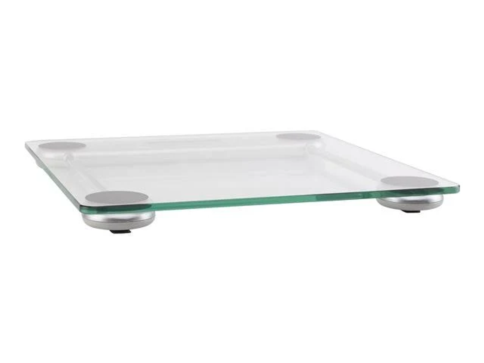 Una báscula de vidrio cuadrada con pies plateados. Está sobre un fondo blanco.