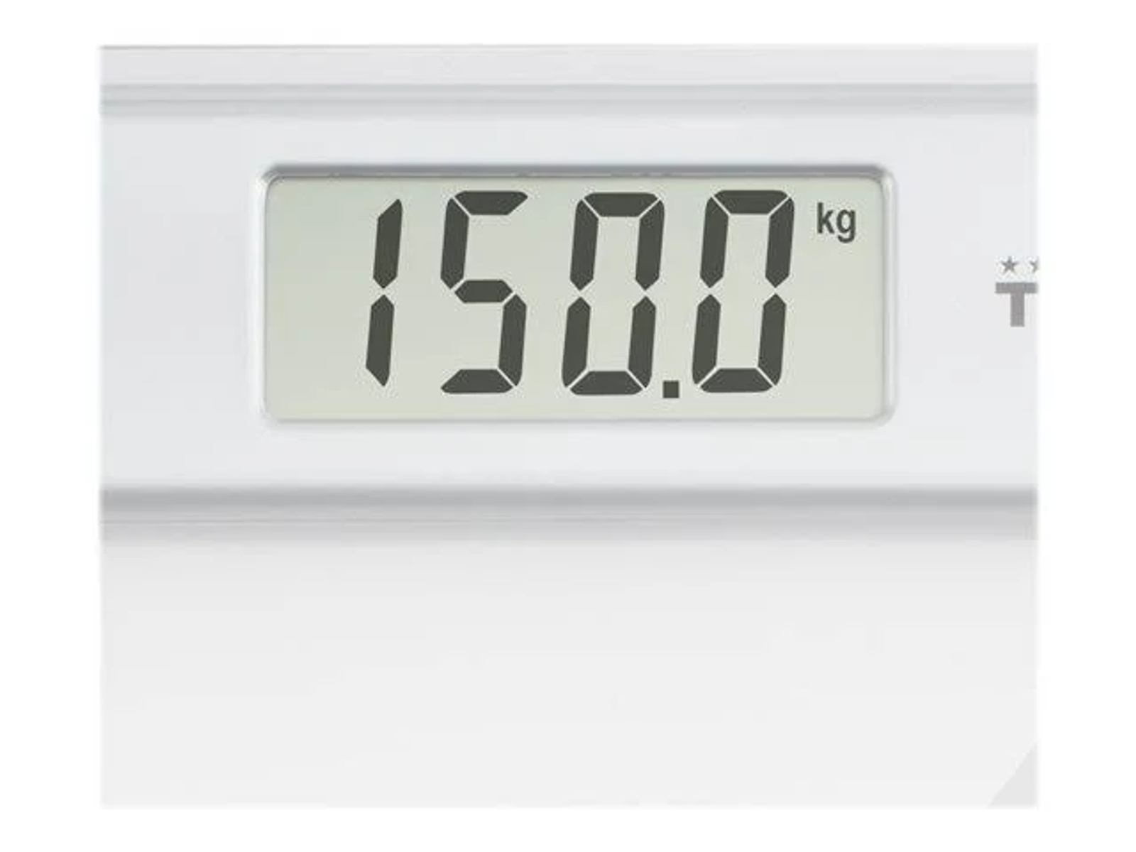 Báscula digital que muestra 150,0 kg en dígitos negros sobre fondo gris claro.