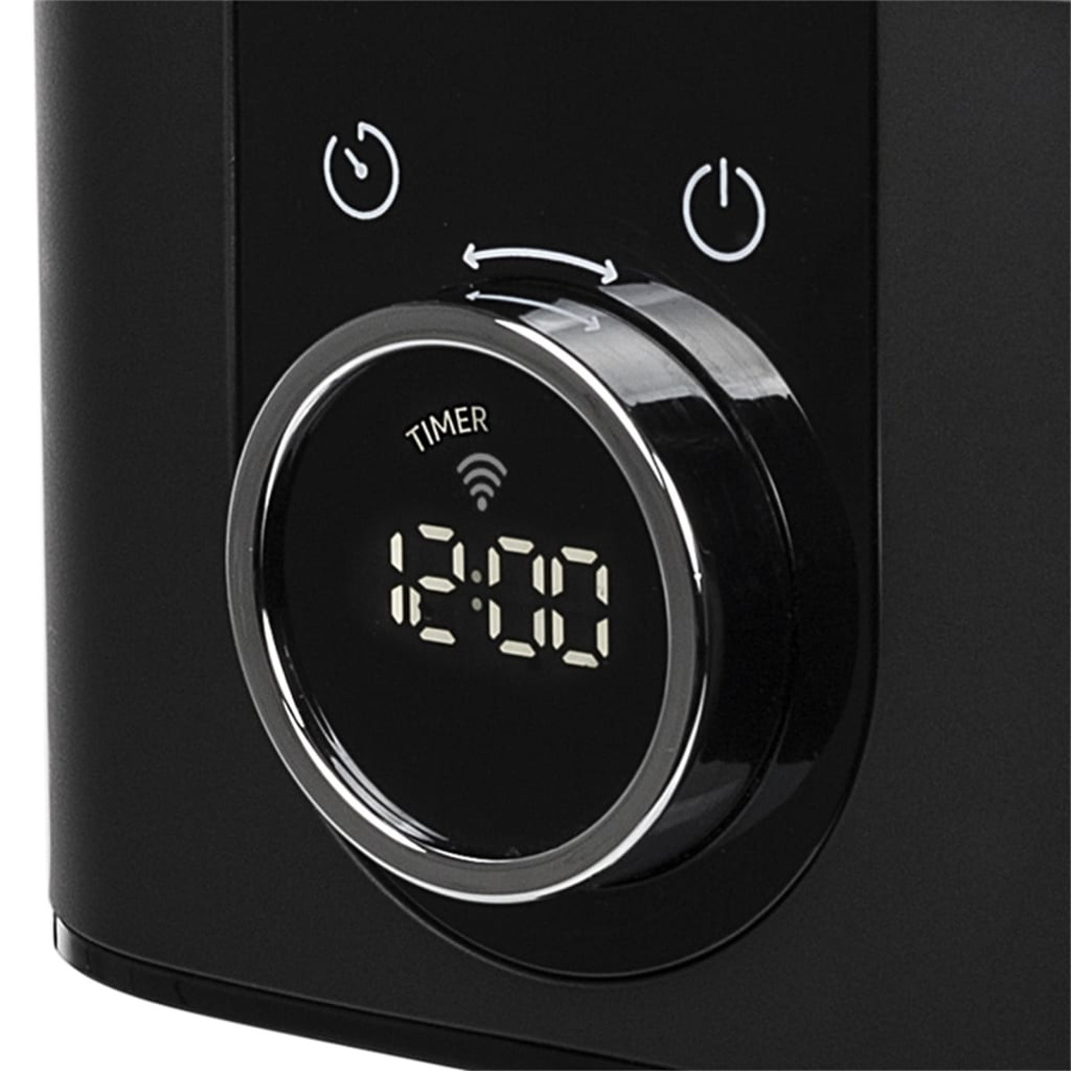 Zbliżenie czarnego urządzenia z cyfrowym timerem wyświetlającym 12:00.