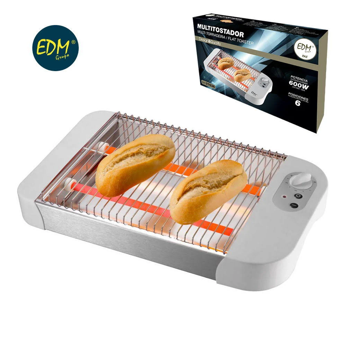 Tostadora con dos panecillos y la caja. Tostadora blanca con elementos calefactores naranjas.