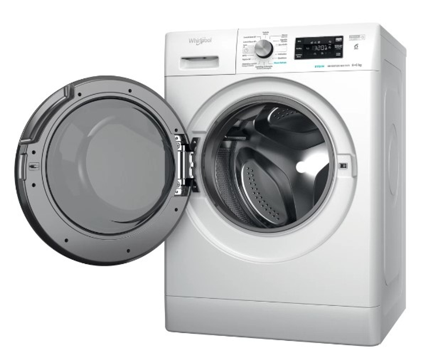 Lavadora blanca Whirlpool con la puerta abierta.