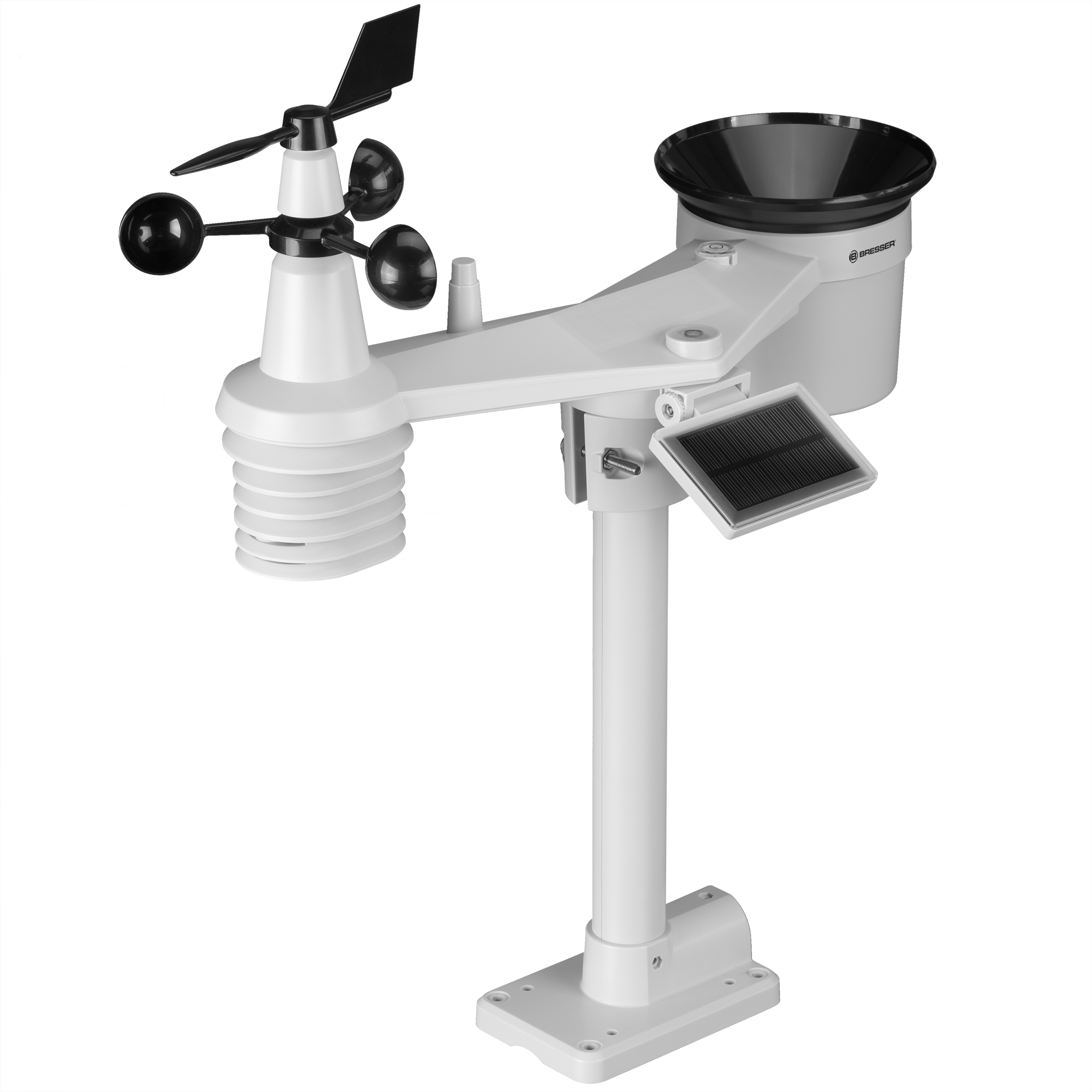 Biała stacja pogodowa. Cechy: anemometr, deszczomierz, panel słoneczny.