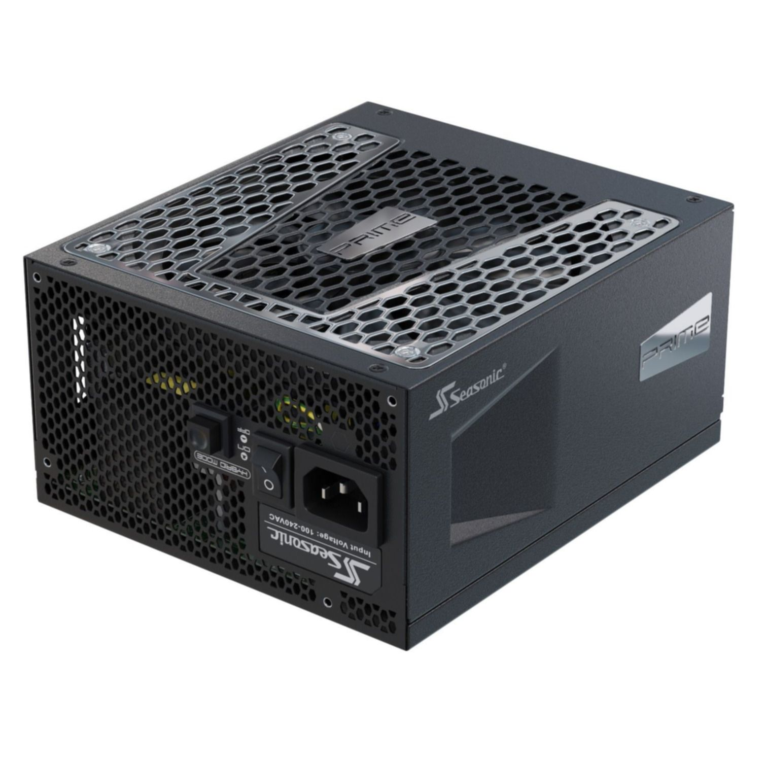 Alimentatore Seasonic PRIME. PSU nero rettangolare con ventilazione e porte.