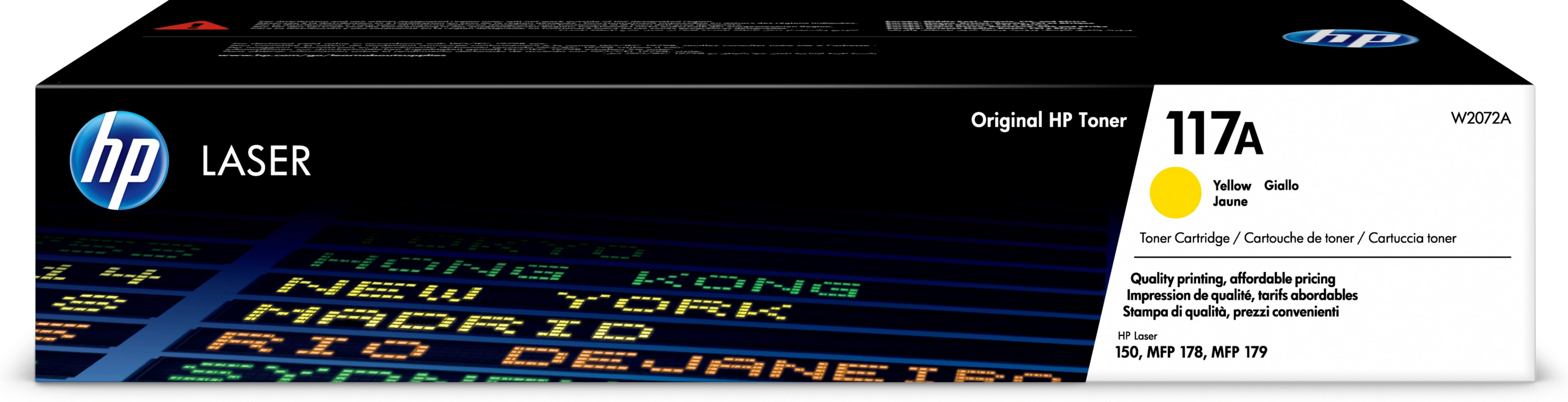 Pudełko z tonerem HP z żółtą etykietą tonera na tle oznakowania lotniska.