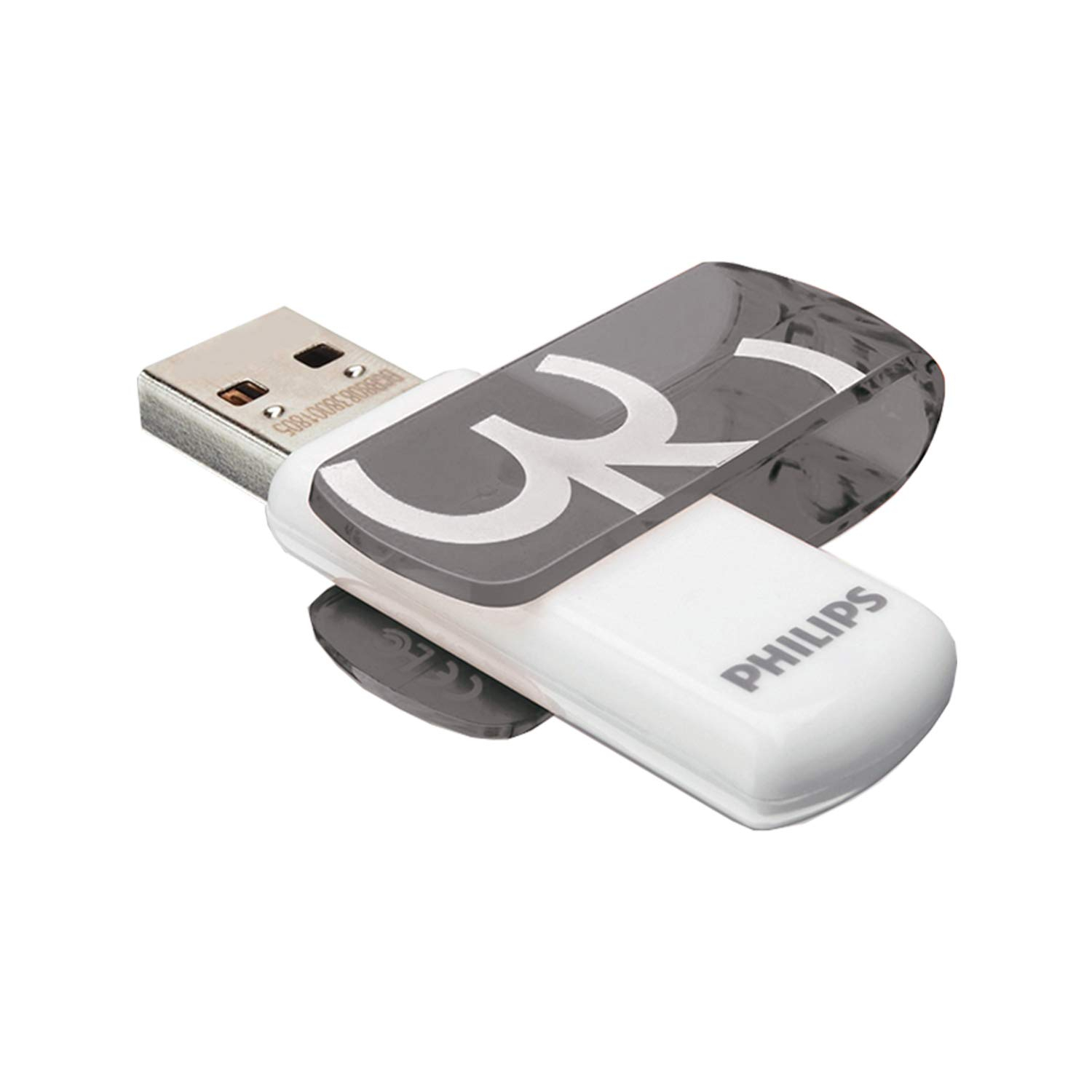 Weißer und grauer USB-Stick mit der Marke PHILIPS. Weißer Hintergrund.