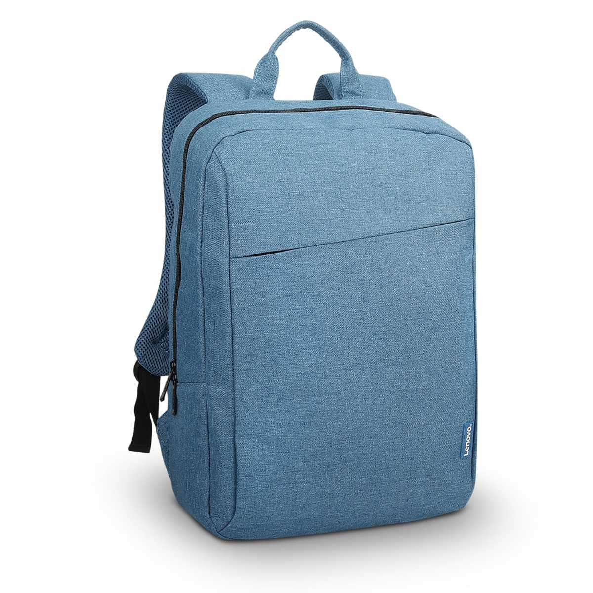 Ein blauer Lenovo-Rucksack mit schwarzem Reißverschluss und Trägern, isoliert auf weißem Grund.