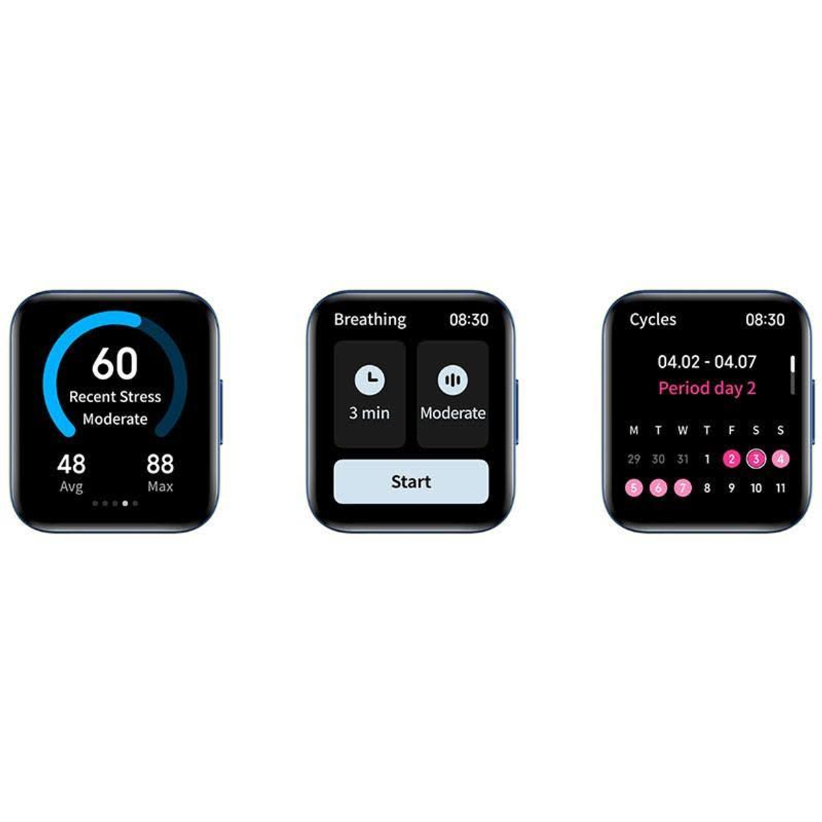 Smartwatch-Bildschirme, die Stresslevel, Atemübungen und einen Kalender mit Menstruationsverfolgung anzeigen.