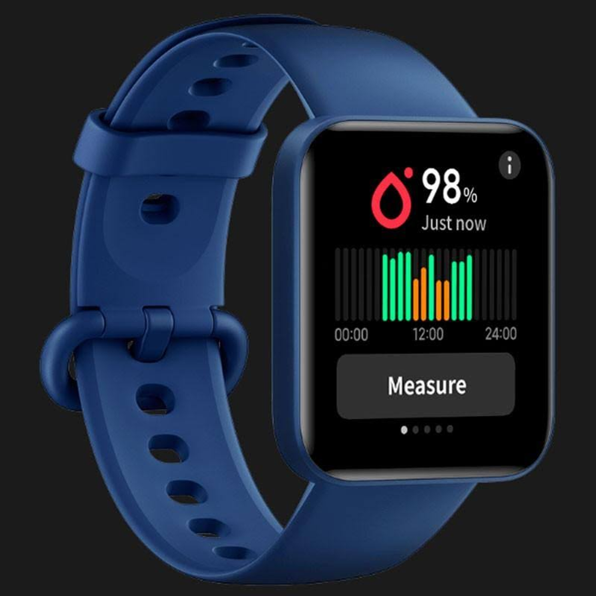 Smartwatch mit blauem Armband, zeigt Herzfrequenzdaten.