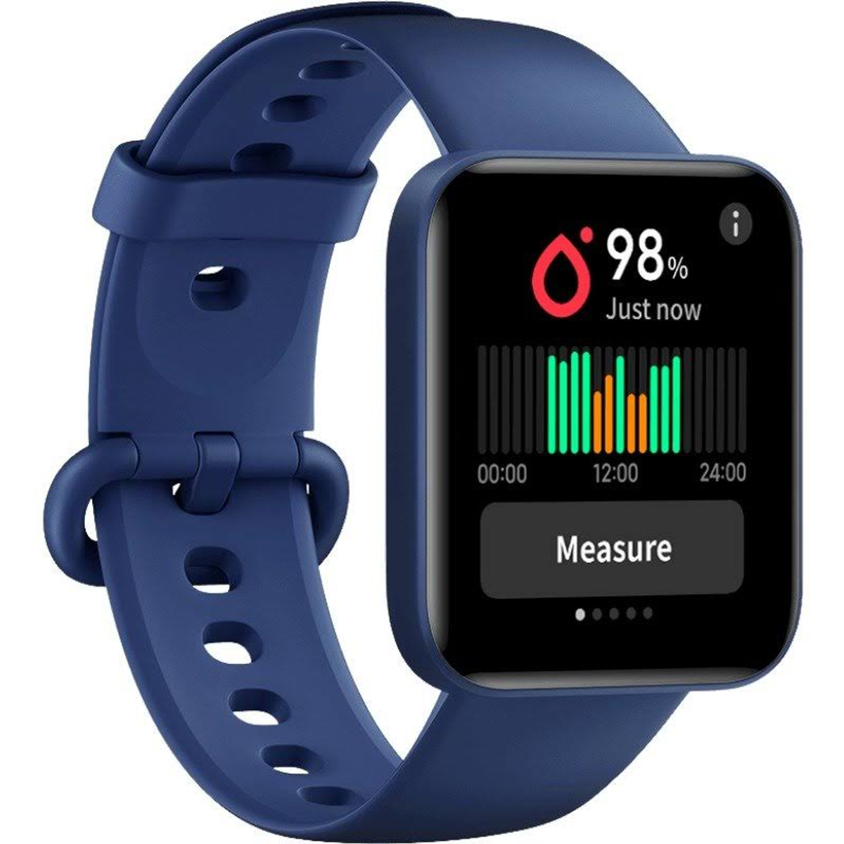 Blaue Smartwatch mit blauem Armband. Der Bildschirm zeigt eine Herzfrequenzmessung bei 98%.
