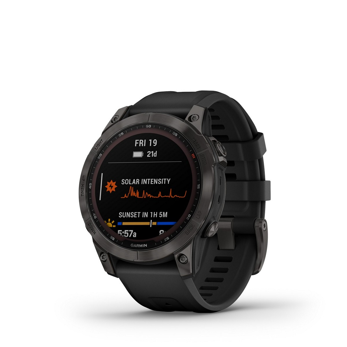 Een zwart Garmin horloge toont de zonne-intensiteit en tijd.