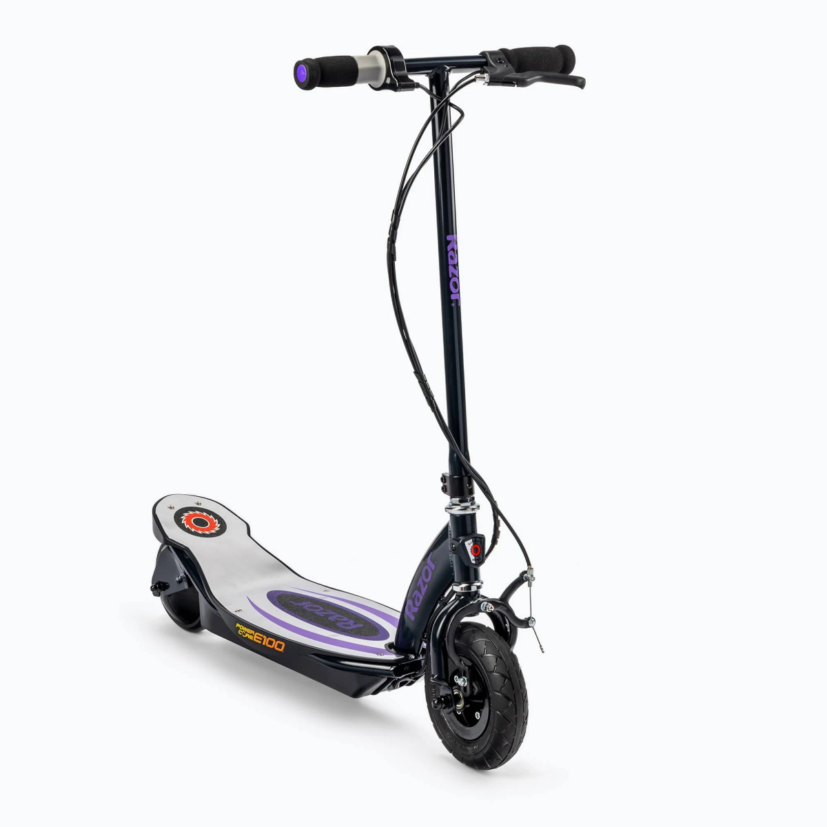 Scooter elettrico Razor nero con dettagli viola. Ha una pedana e un manubrio neri e un logo viola.