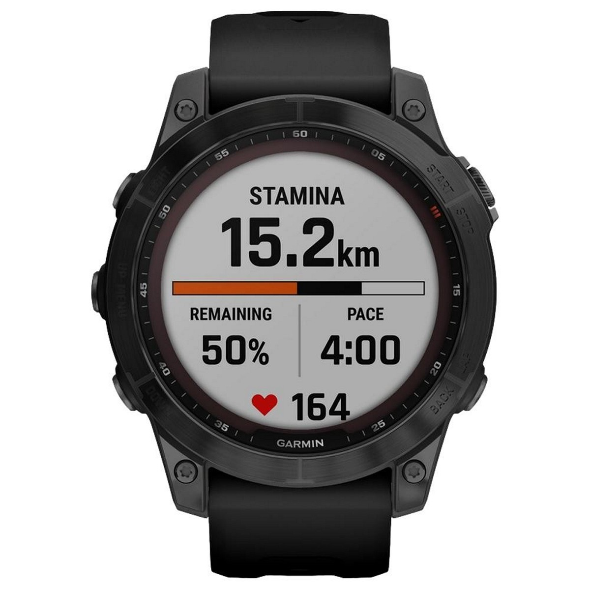 Schwarze Garmin Sportuhr, die Fitnessdaten anzeigt: Distanz, Tempo, Herzfrequenz und Zeit.