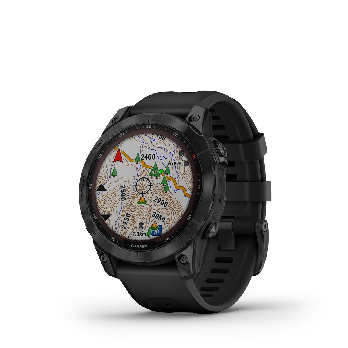 Schwarze Garmin-Uhr mit Kartendarstellung und schwarzem Armband, isoliert auf weißem Hintergrund.