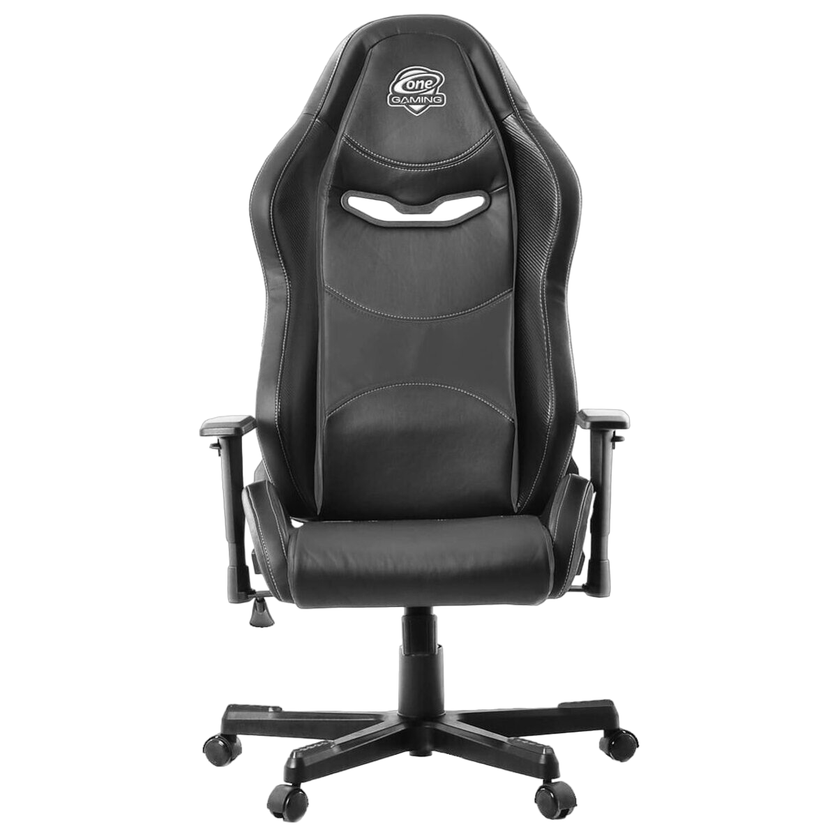 Ein schwarzer Gaming-Stuhl mit weißem Logo auf der Kopfstütze, vor schwarzem Hintergrund.