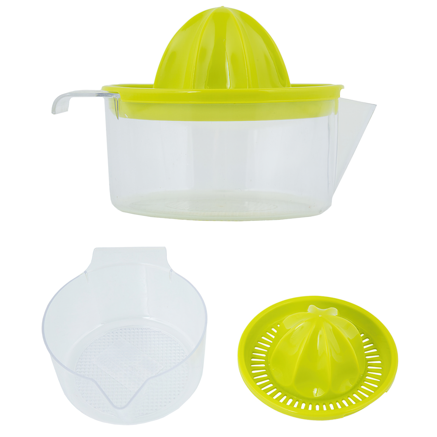 Un juego de exprimidor de tres piezas. Un exprimidor transparente, un recipiente transparente y una pieza verde.