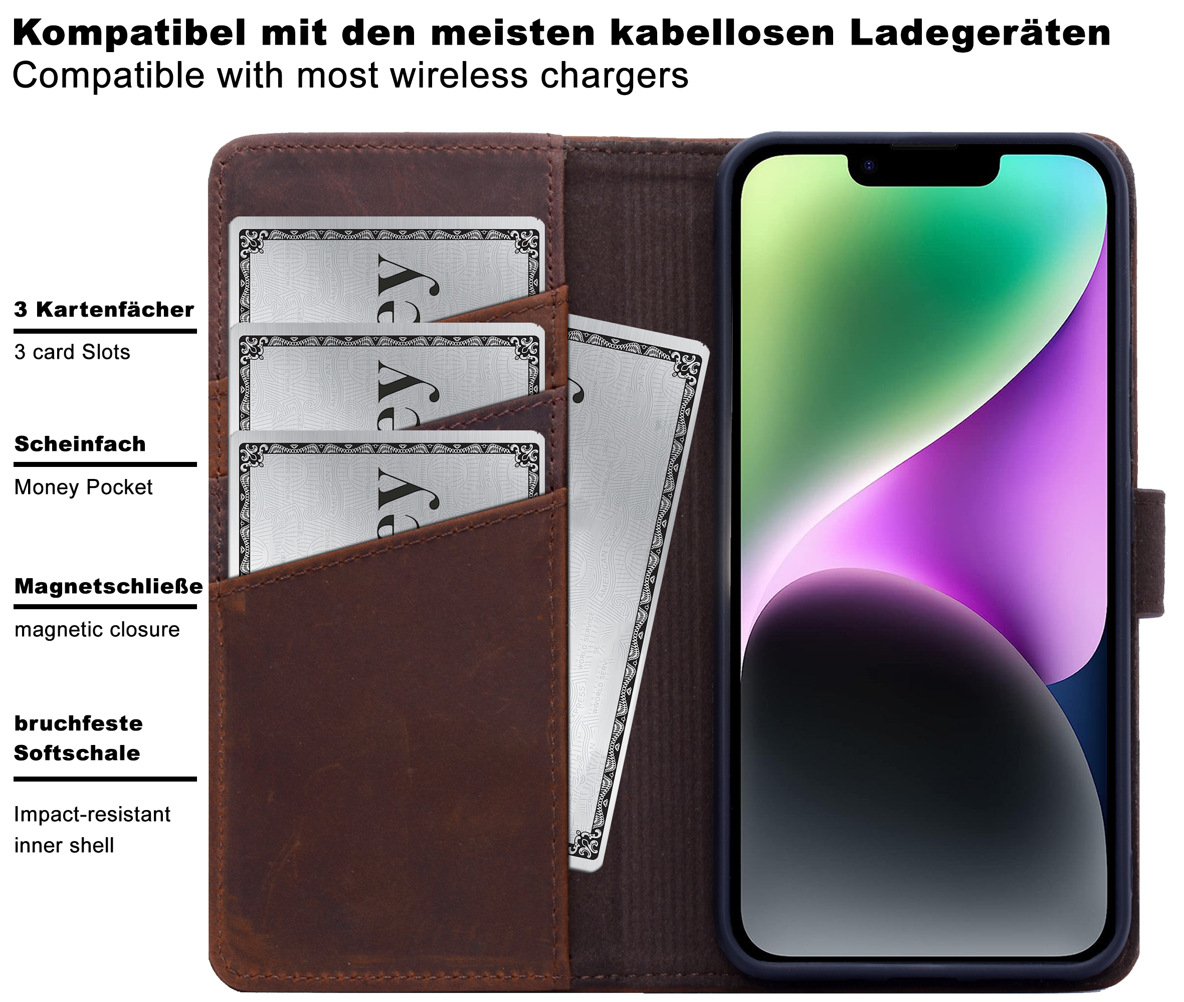 BURKLEY Leder 14 Handytasche, Burnished Apple, Pro, Bookcover, / Sattelbraun iPhone