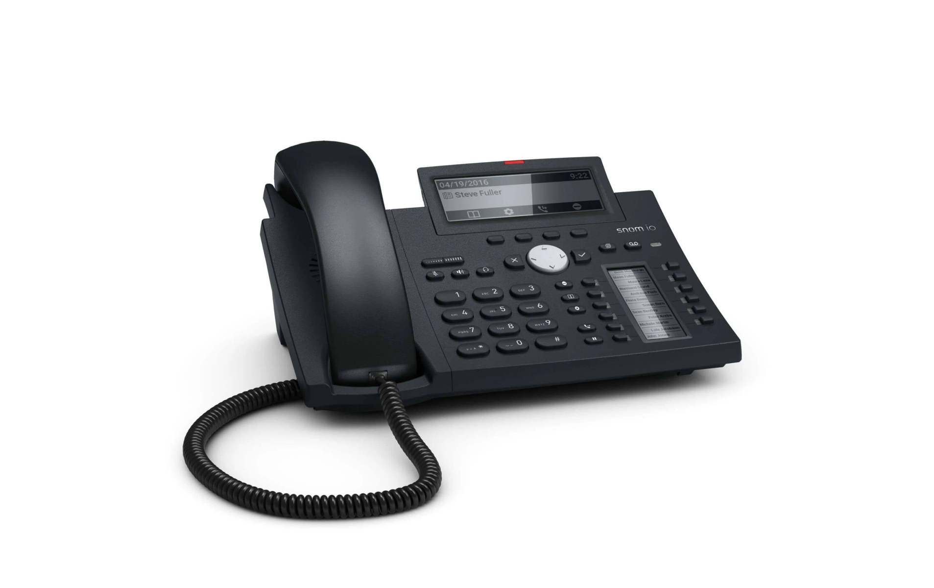 Un telefono da ufficio nero con schermo e pulsanti multipli.