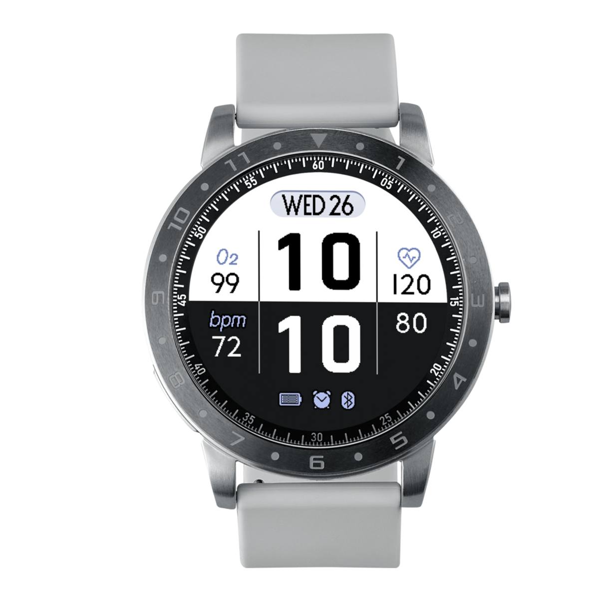 Srebrny smartwatch z czarną okrągłą tarczą, wyświetlający czas, tętno i inne wskaźniki.