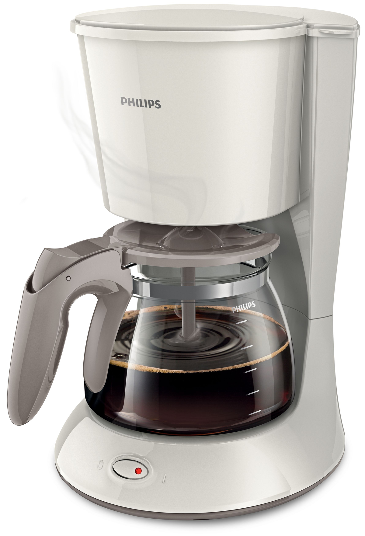 Cafetera Philips blanca y gris con una jarra de cristal.