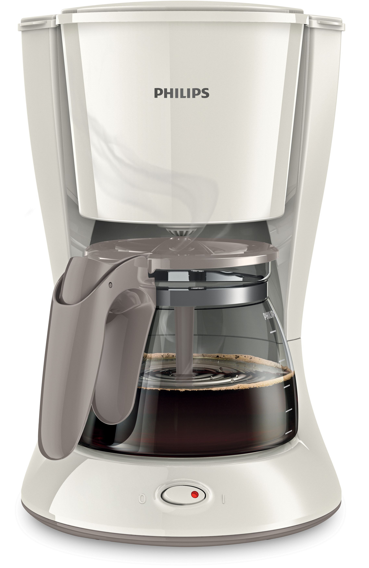 Cafetera Philips blanca con jarra de vidrio. Café oscuro visible.