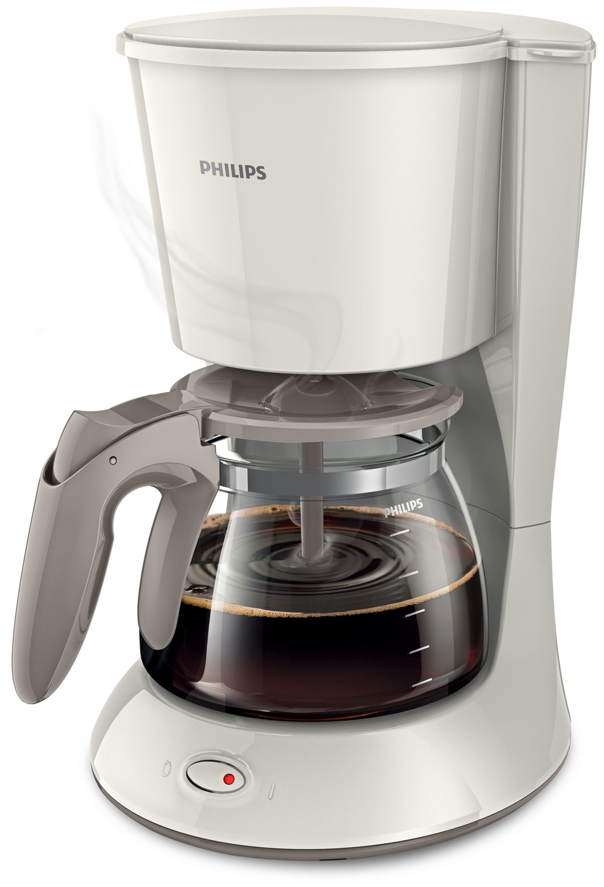 Una cafetera Philips blanca con una jarra de vidrio llena de café oscuro.