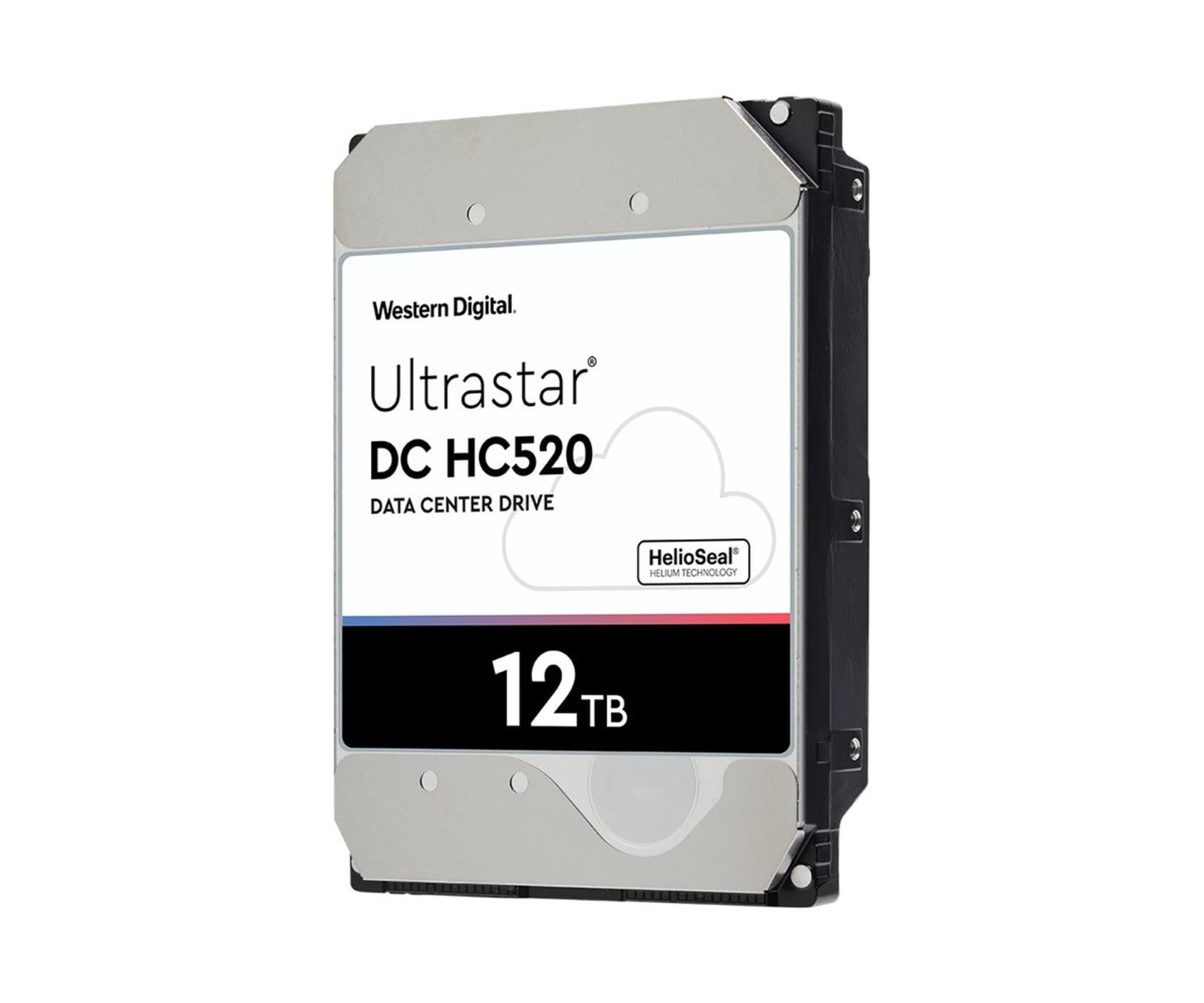 Disco rigido Western Digital Ultrastar da 12 TB con etichetta e custodia nera e argento su sfondo bianco.