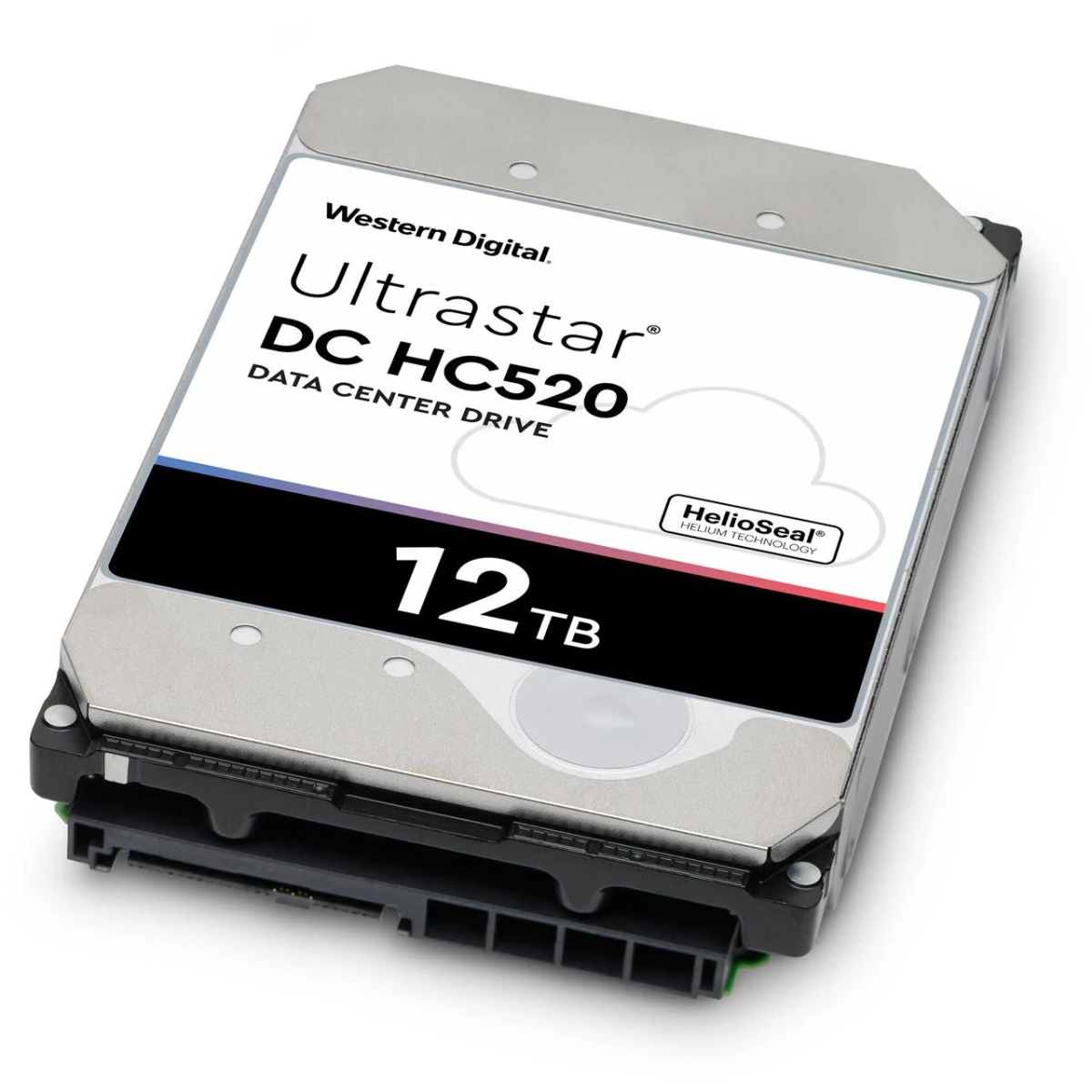 Disco rigido Western Digital Ultrastar DC HC520, 12TB, argento e nero, con etichetta.
