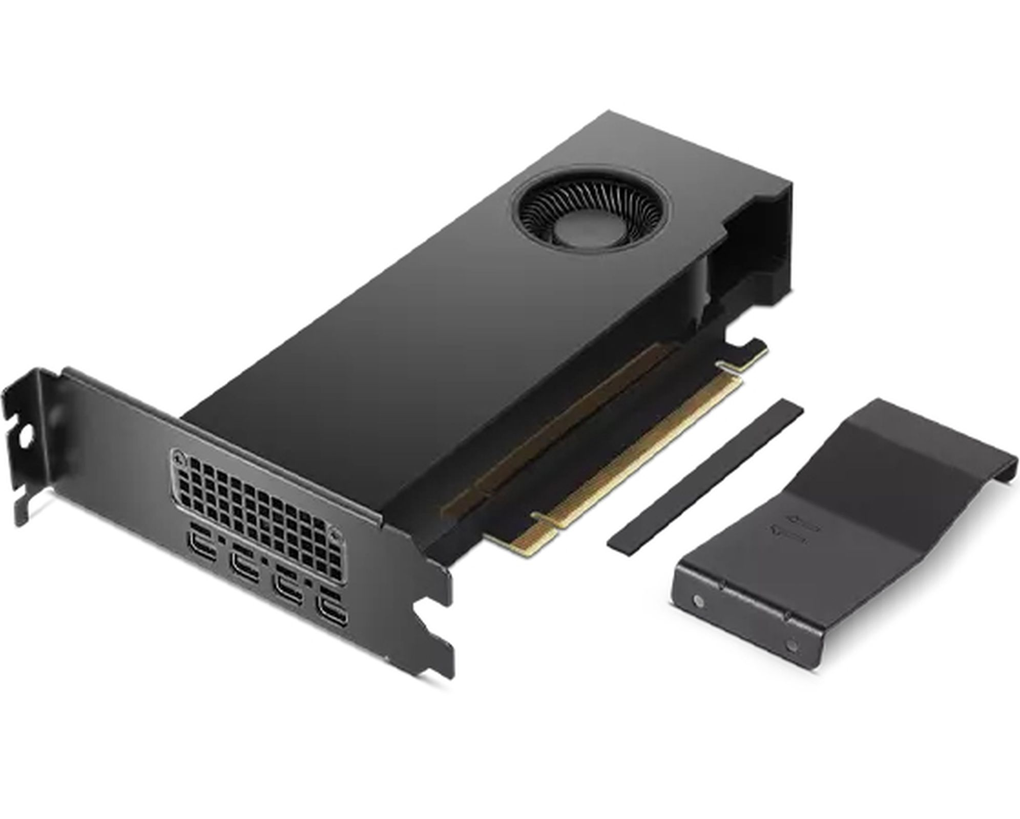 Scheda grafica per computer nera con ventola di raffreddamento. Ha porte e un connettore dorato. Lo sfondo è bianco.