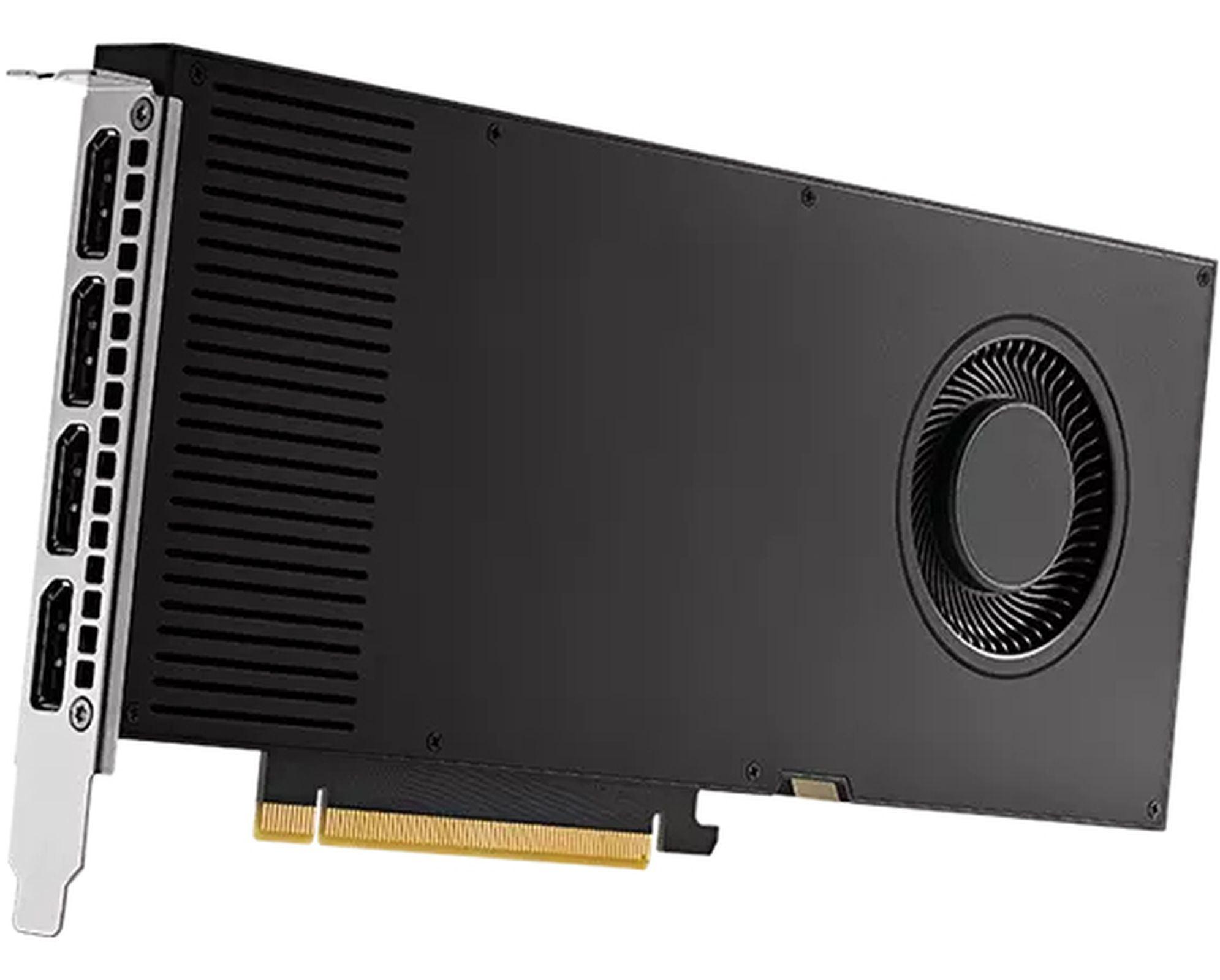 Black graphics card with silver port, fan, and connectors, white background.