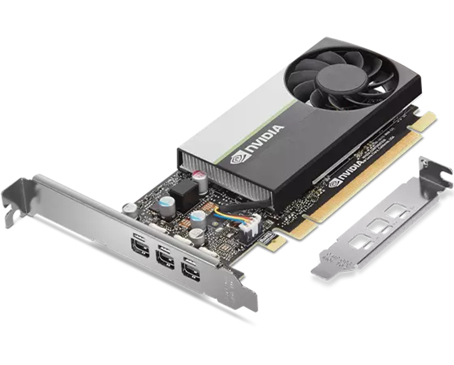 Scheda grafica Nvidia con ventola. Argento e nero, con logo Nvidia e diverse porte.