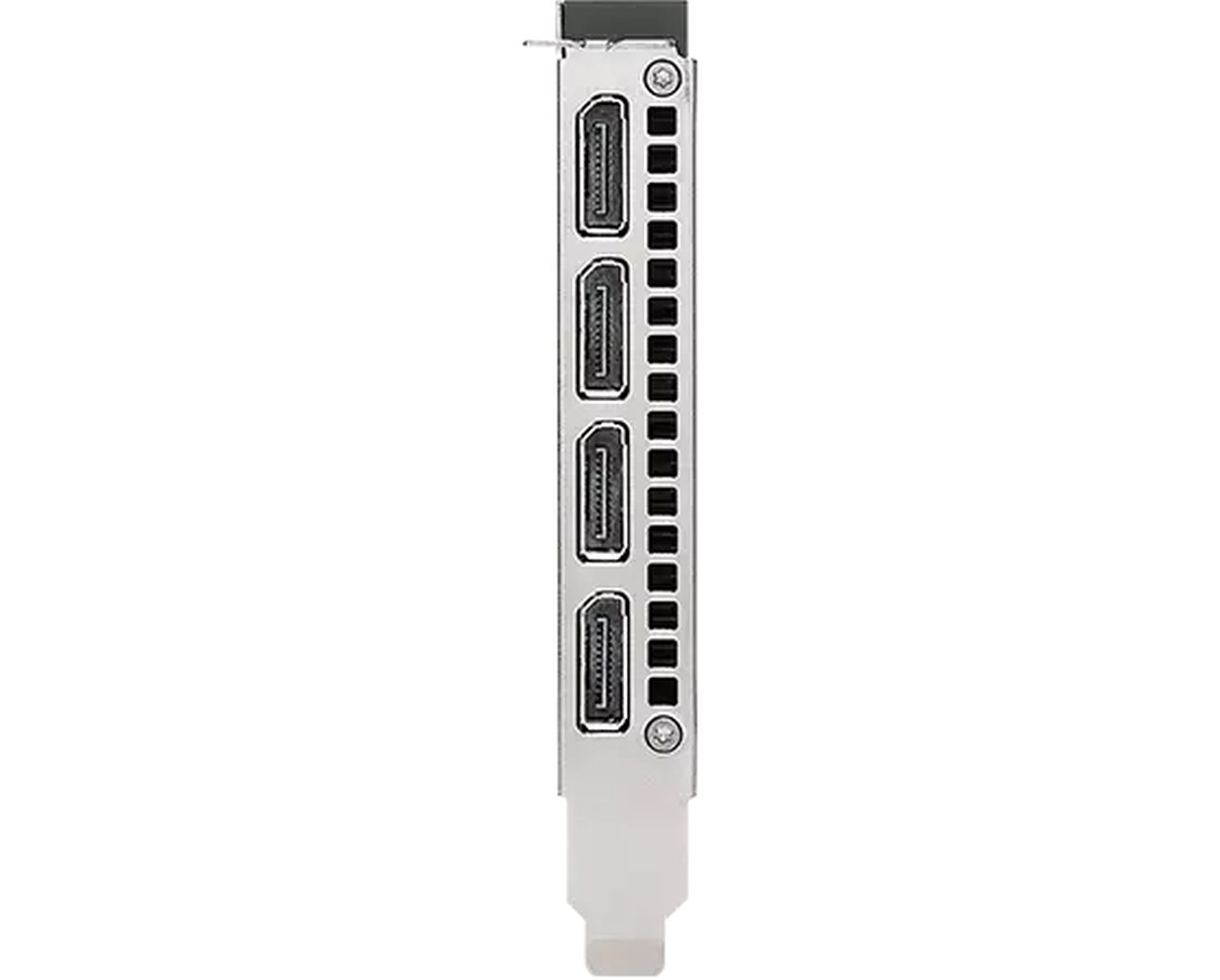 Side view of a computer graphics card with multiple display ports.