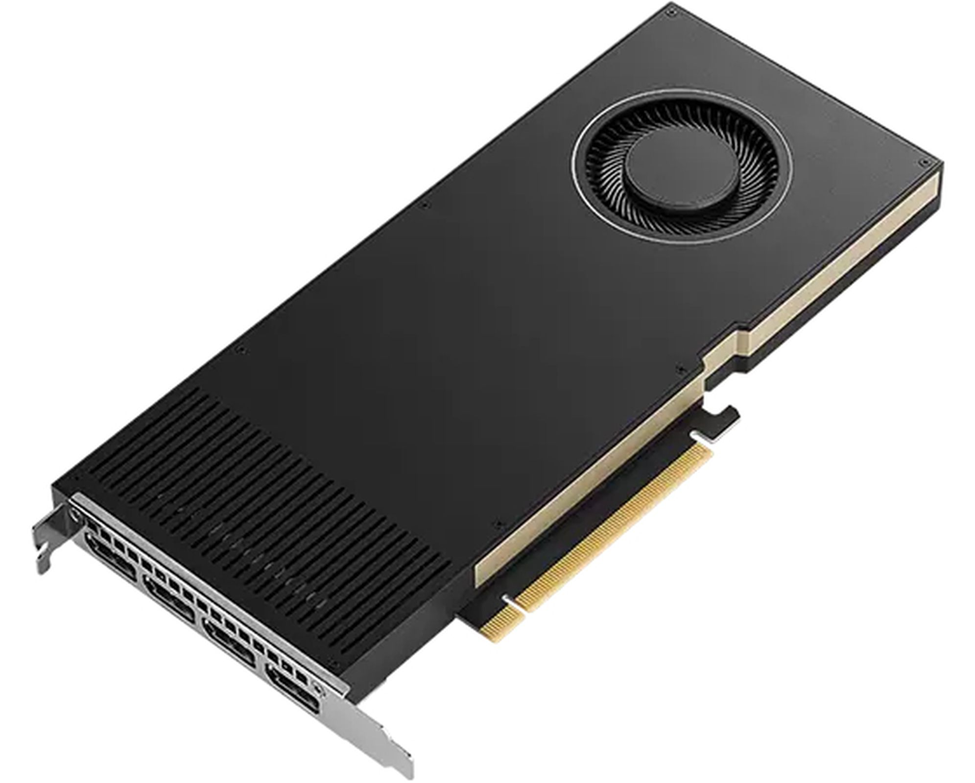 A black graphics card with several ports, on a white background.