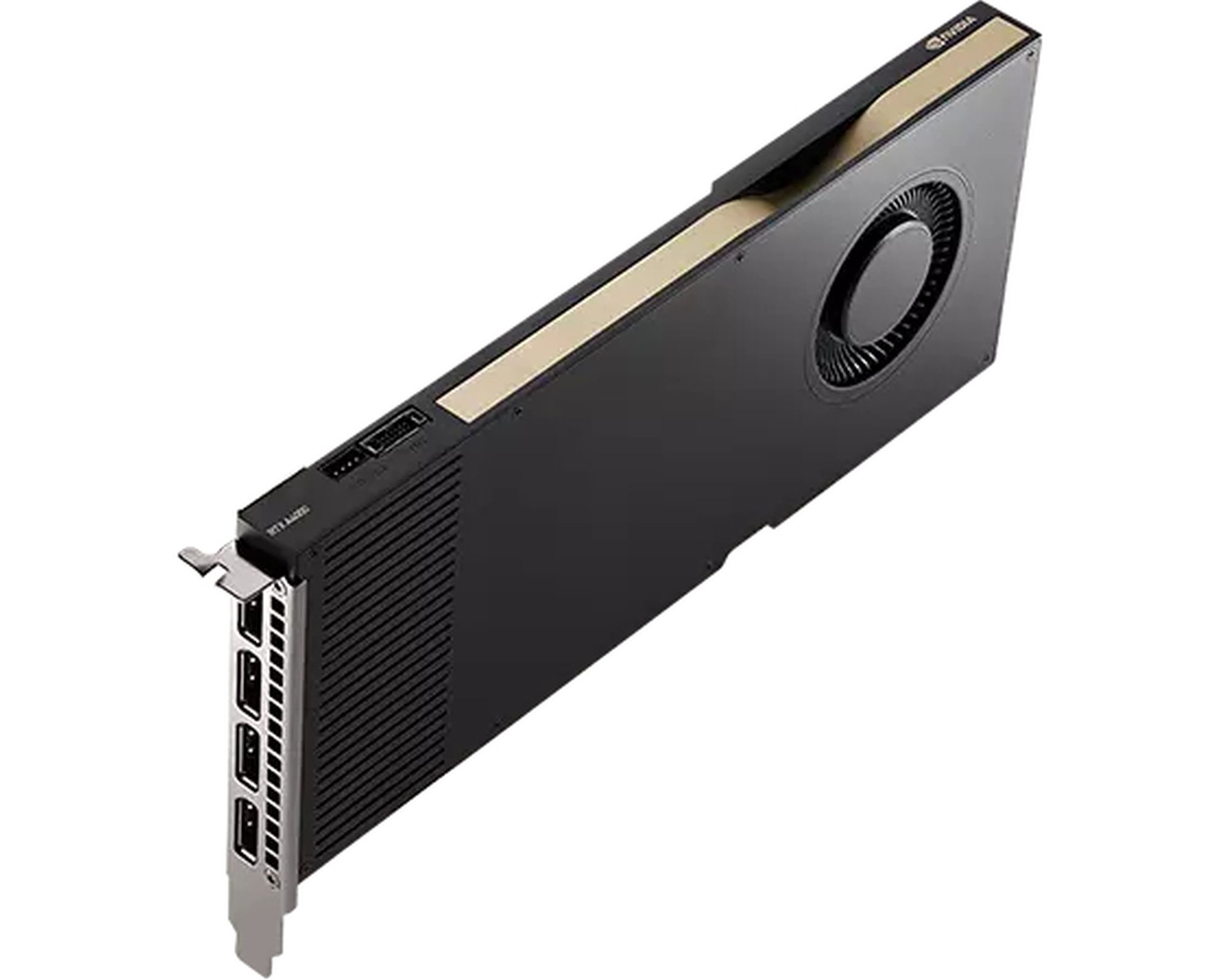 Black graphics card with a gold accent. It has multiple ports and a fan for cooling.