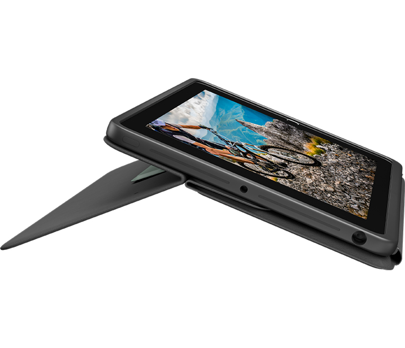 Ein schwarzes Tablet in einer schwarzen Hülle ist geöffnet und zeigt eine Mountainbike-Szene.