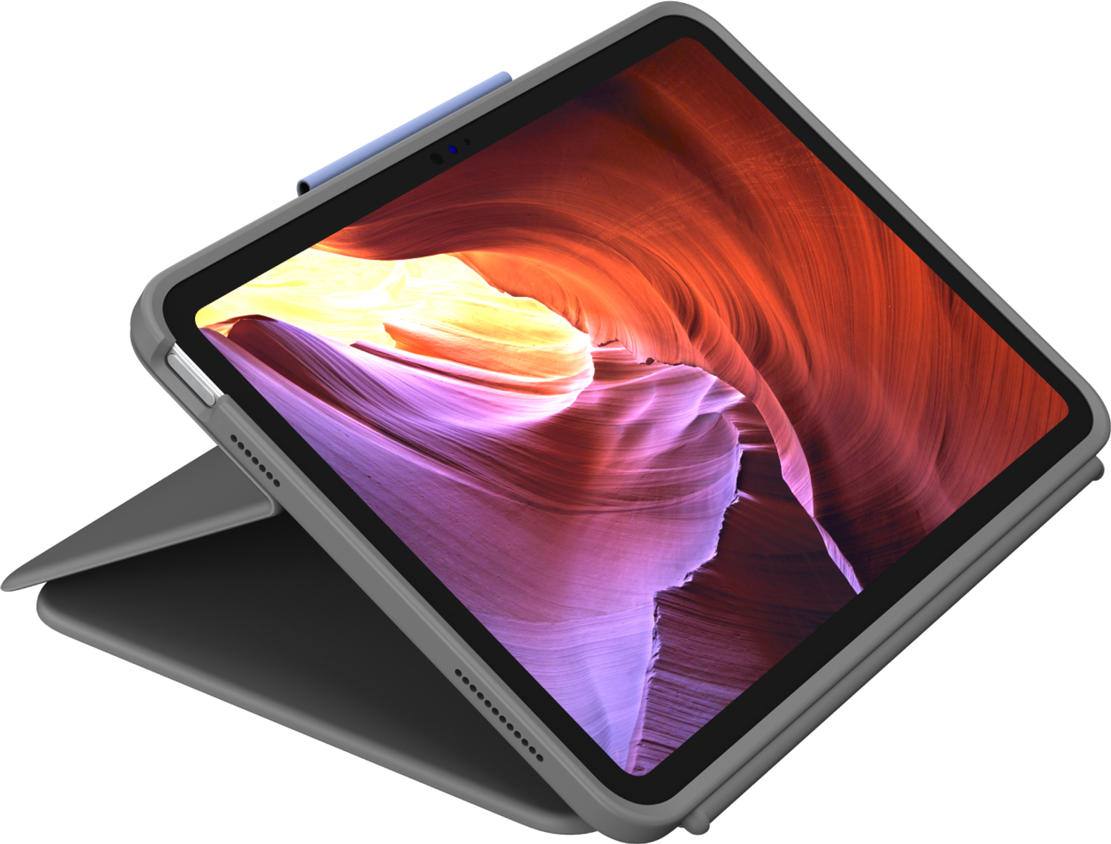 Ein graues Tablet mit Hülle, das ein farbenfrohes Canyon-Bild zeigt. Die Hülle ist gefaltet.