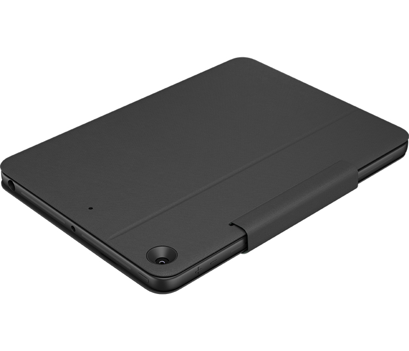 Schwarzes Tablet in einer schwarzen Hülle, geschlossen. Die Hülle hat eine Klappe zum Schließen. Der Hintergrund ist weiß.