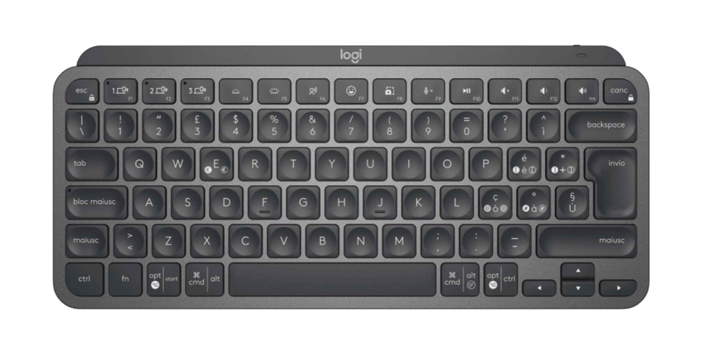 Widok z góry na ciemnoszarą klawiaturę Logitech z różnymi klawiszami.