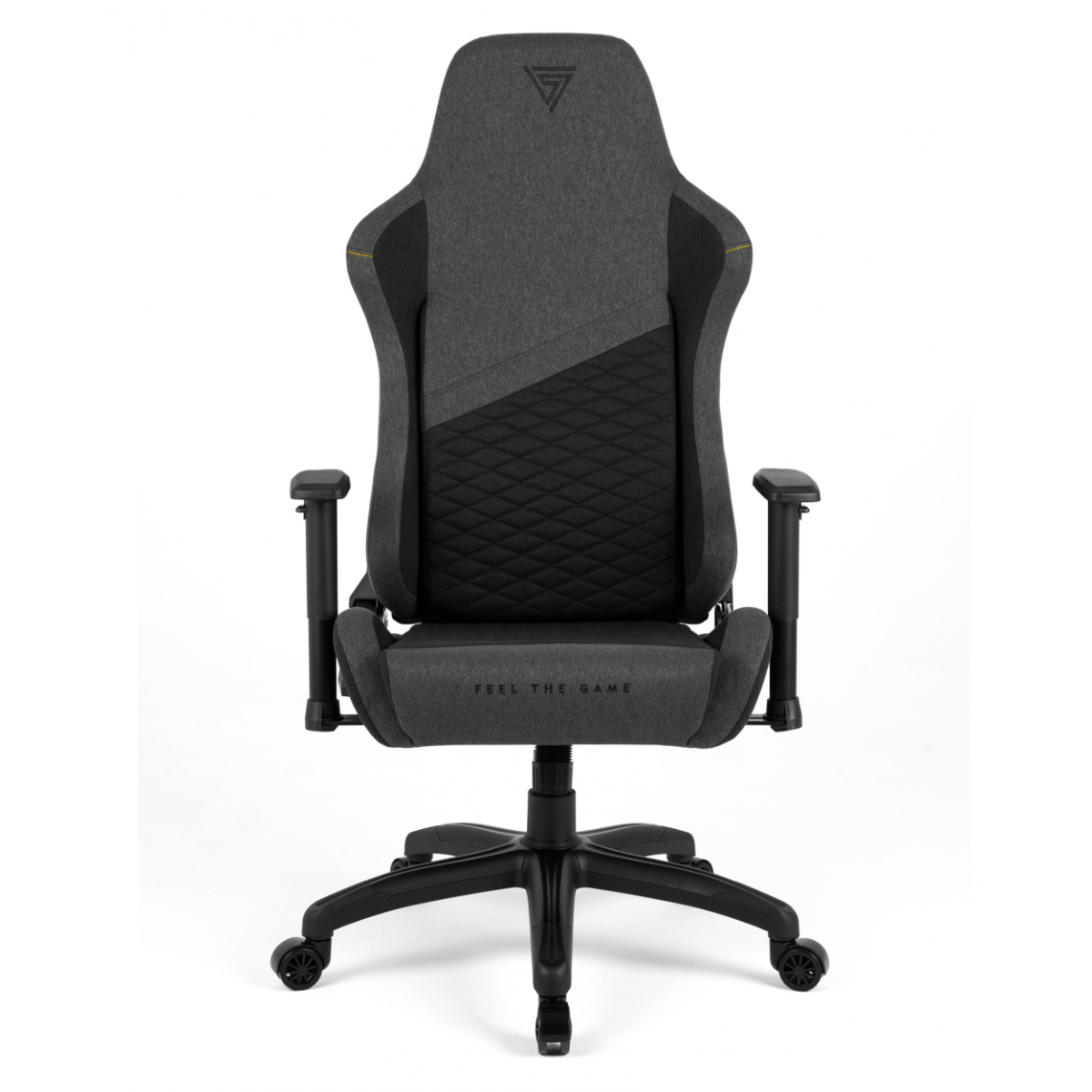 Een grijze gamestoel met een zwarte basis, armleuningen en een donkergrijze en zwarte rugleuning.