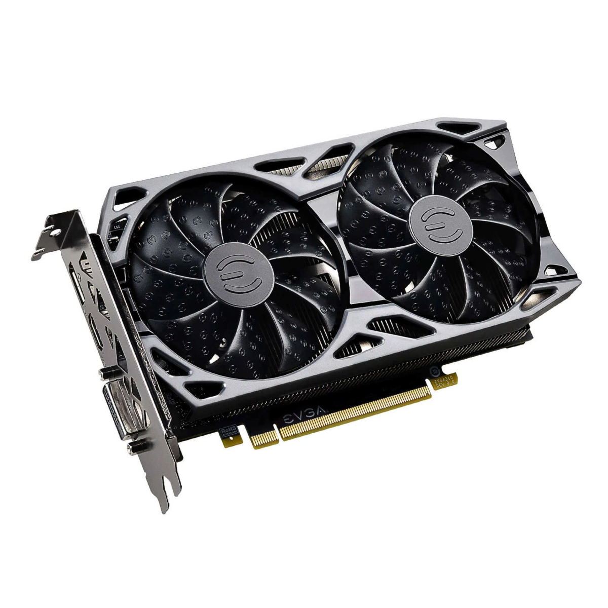 Karta graficzna z dwoma czarnymi wentylatorami, srebrną ramą i logo EVGA.