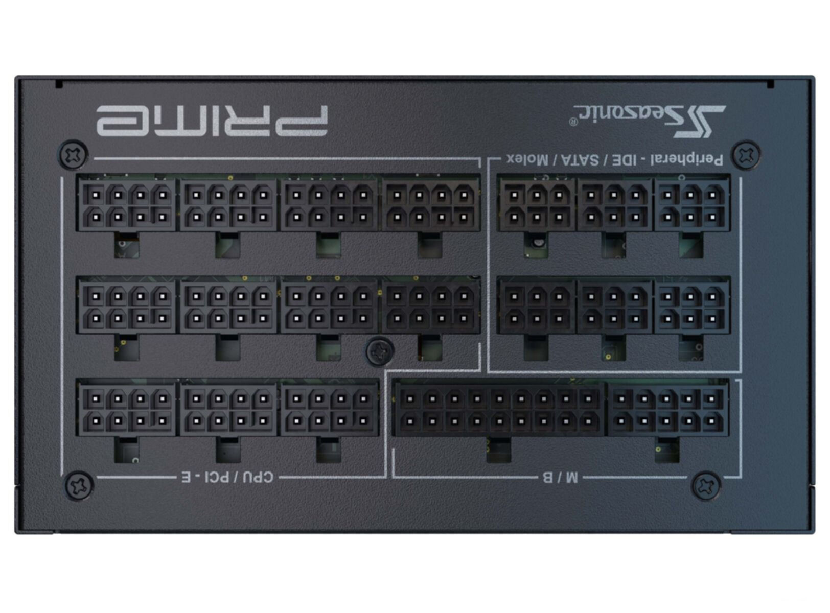 Zbliżenie czarnego zasilacza z wieloma złączami. Marka to PRIME.