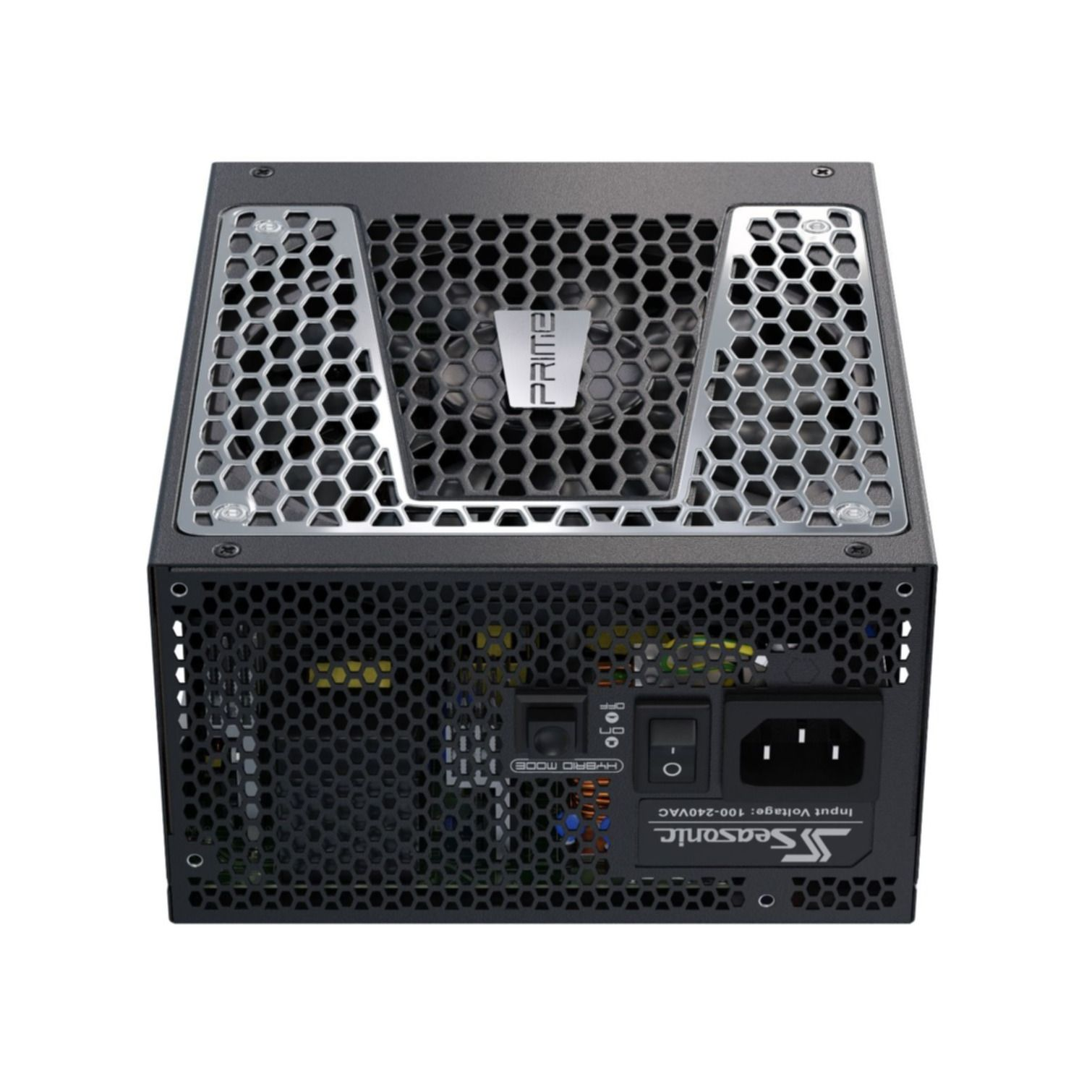 Alimentatore per computer nero con una griglia a rete e un interruttore di alimentazione.