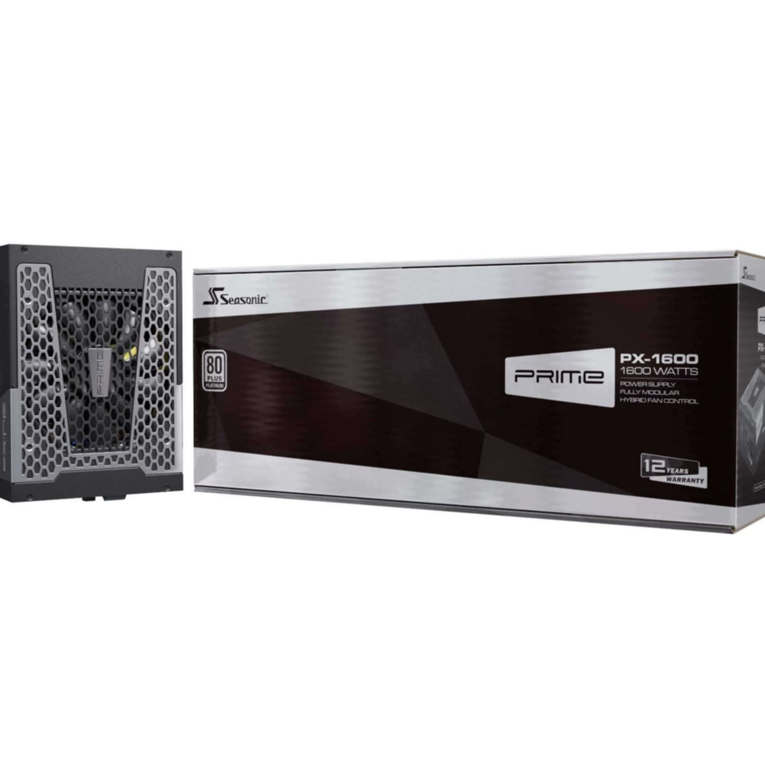 Czarny zasilacz i pudełko. Na pudełku napis Seasonic Prime, PX-1600, 1600 W i 12 lat gwarancji.