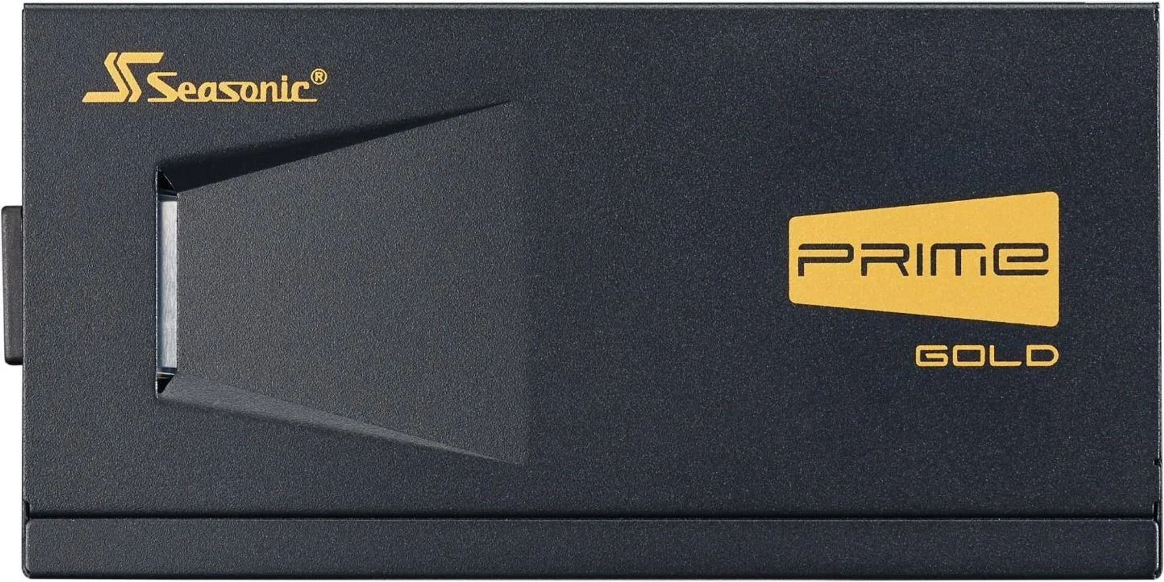 Czarny zasilacz Seasonic Prime Gold, ze złotym napisem. Na górze otwór wentylacyjny i logo.