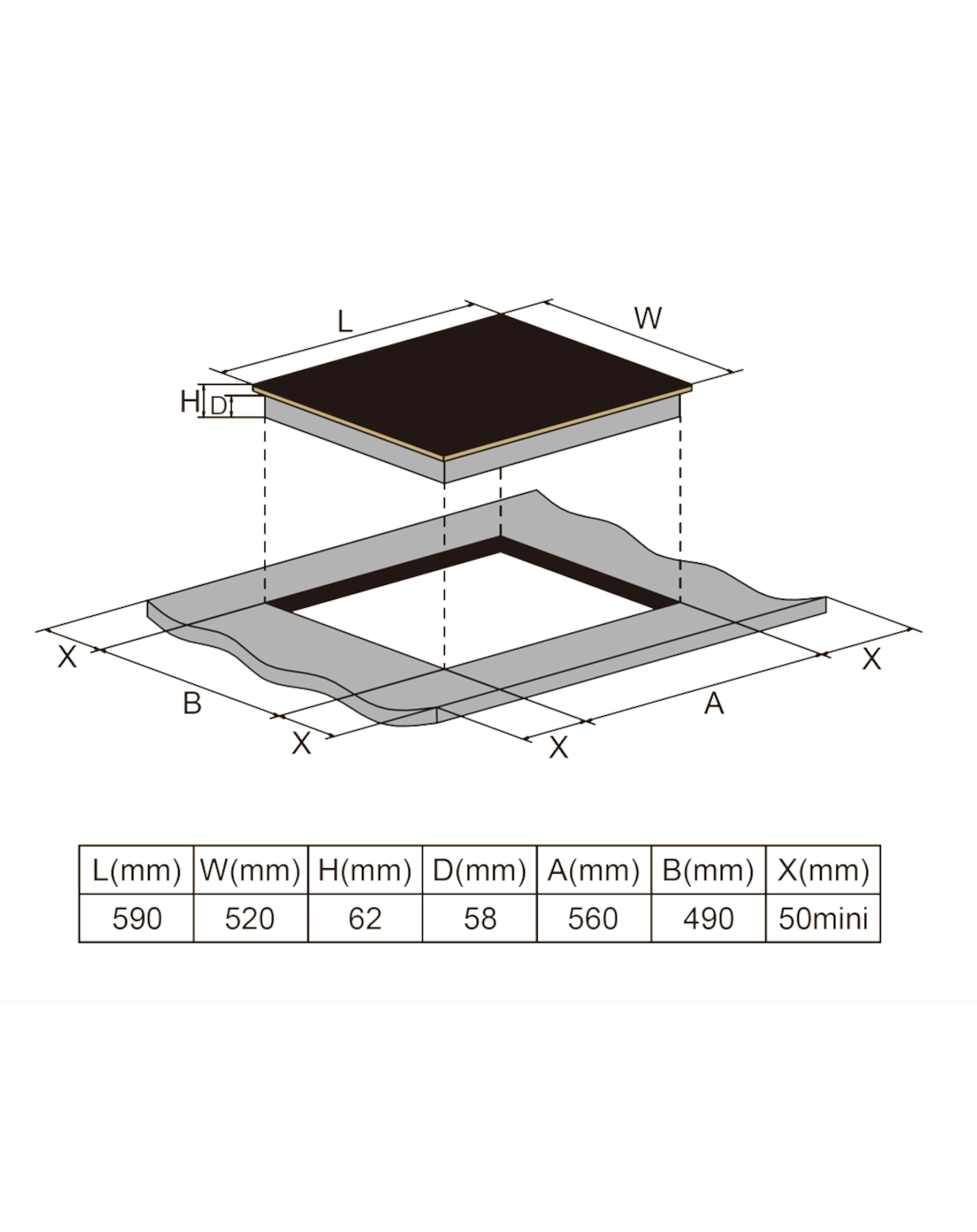 Diagramm eines schwarzen Kochfelds mit Maßen.