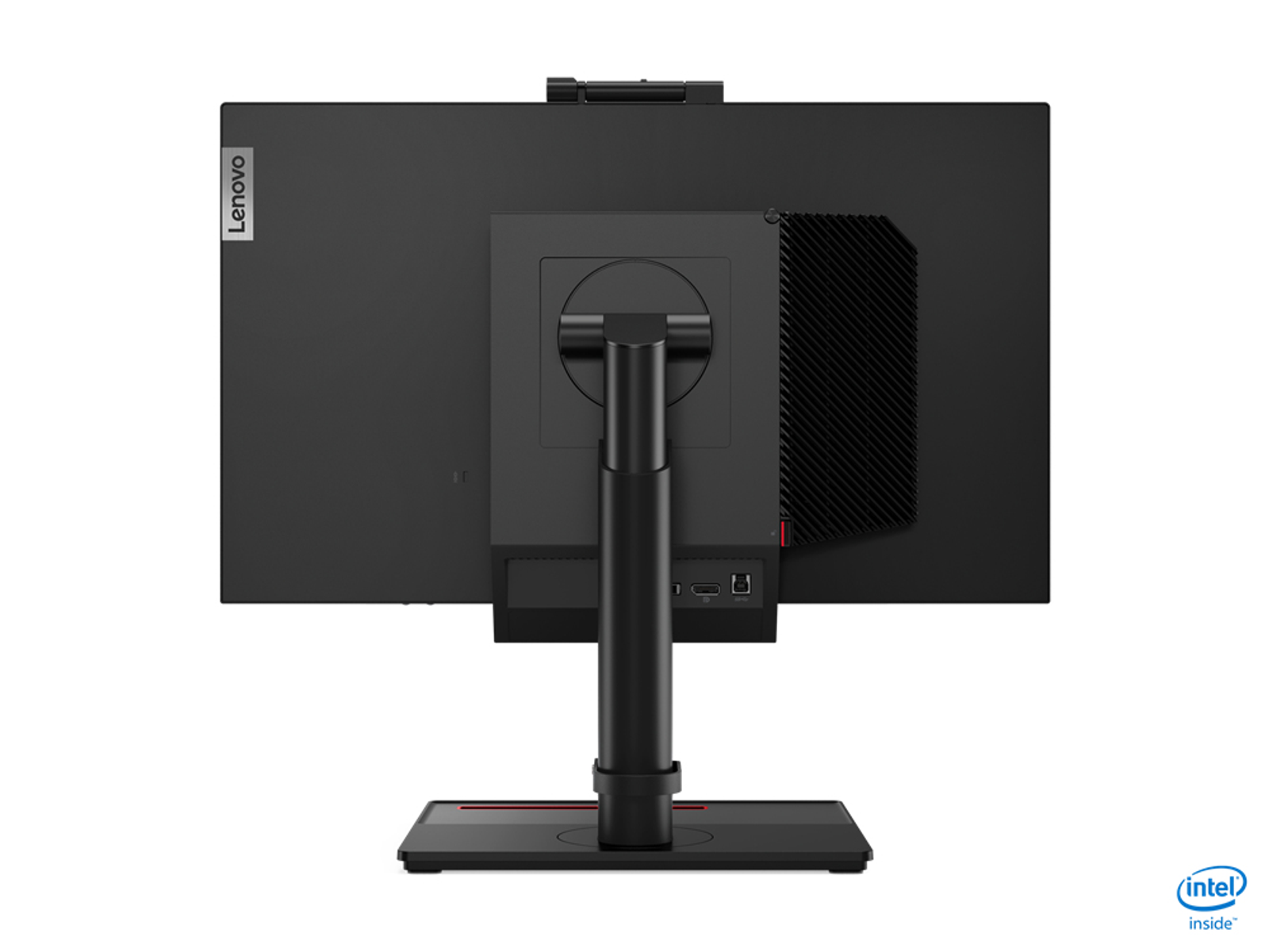 Un monitor per computer nero con un supporto nero. Lo sfondo è bianco.